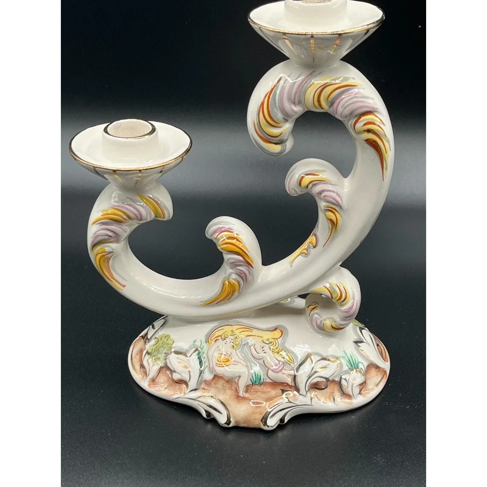 Vintage Alcobaca Portugal Capodimonte Double Candle Holder Hand Painted Stamped‎